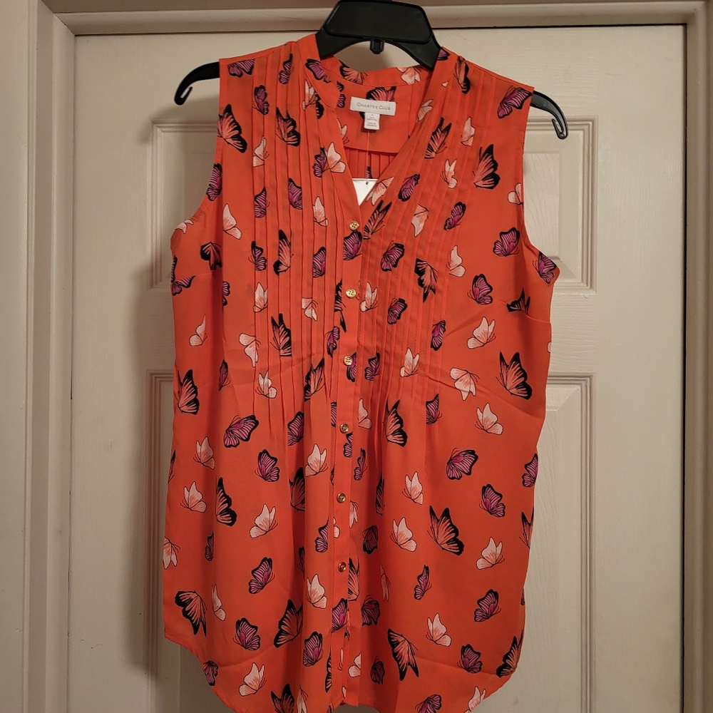 Charter Club, Butterflies on a Peach Button-up Top, ladies, size small